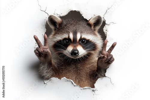 Cute raccoon breaking through wall, making peace sign with human-like hands.