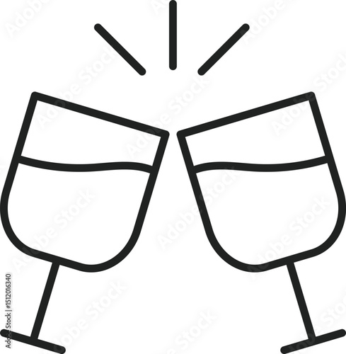 Two glasses are toasting together, it looks like they are celebrating something and sparkle above them in this simple outline image.