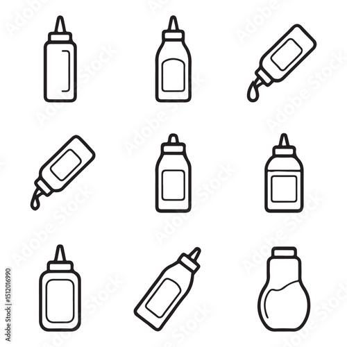 Sauce Bottle Icon Set Collection. Nine Outline Illustrations of Condiment Bottles
