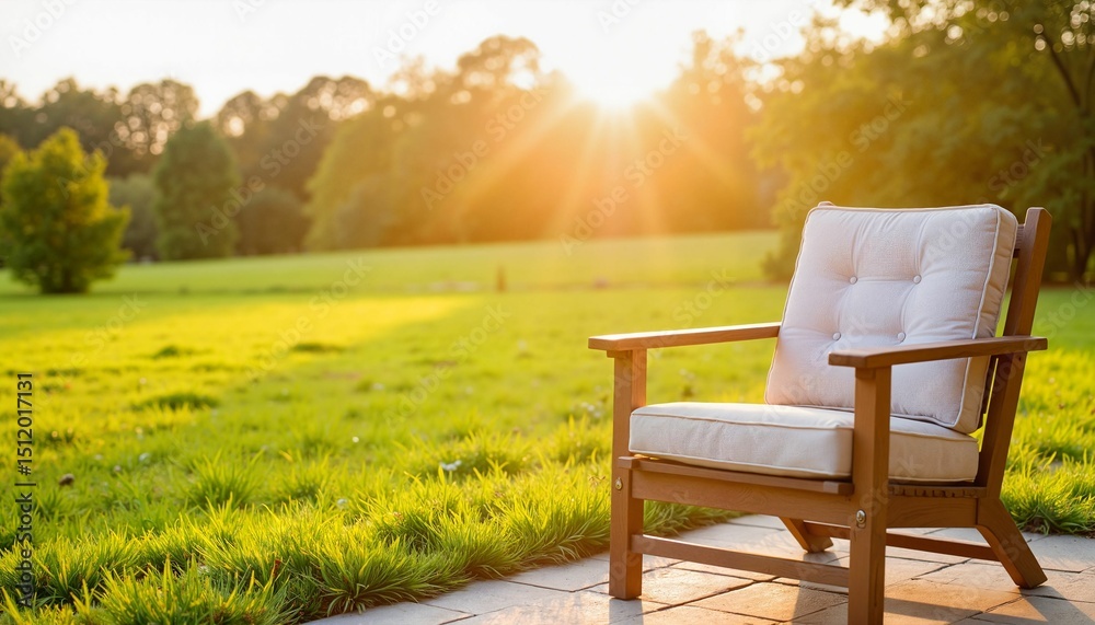 Fototapeta premium Wooden patio chair with cushion in lush green field at sunrise 