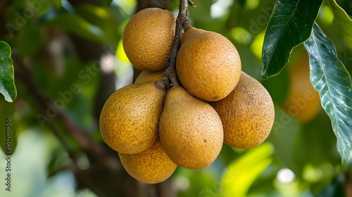 Sapota tree with a bunch of growing mature Sapota