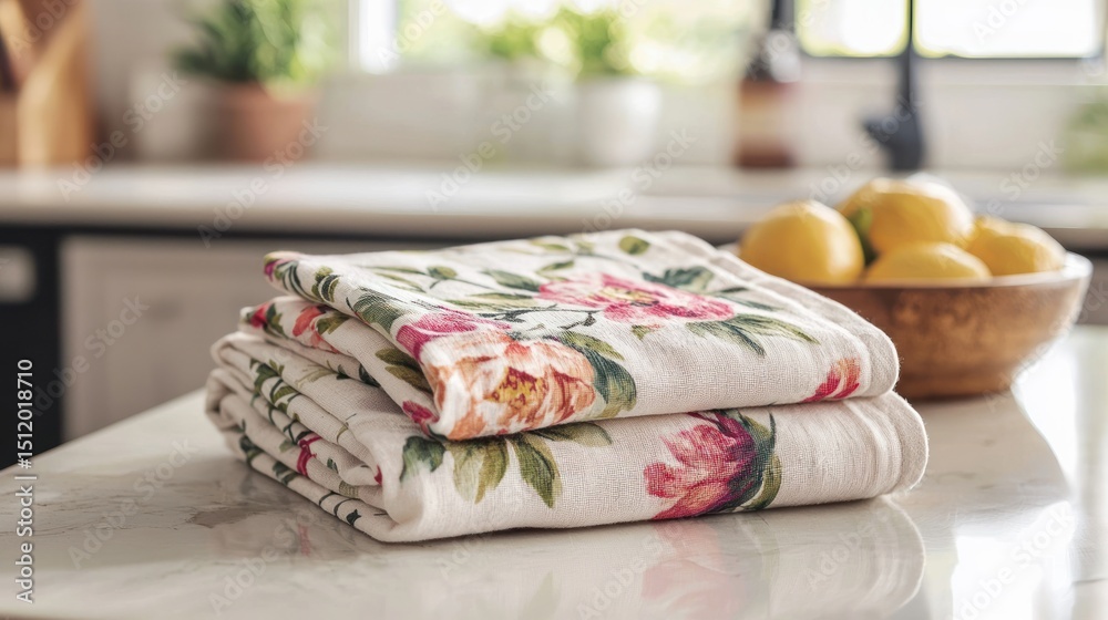 Tea towel with floral design folded on counter Tea towel with floral design folded on counter