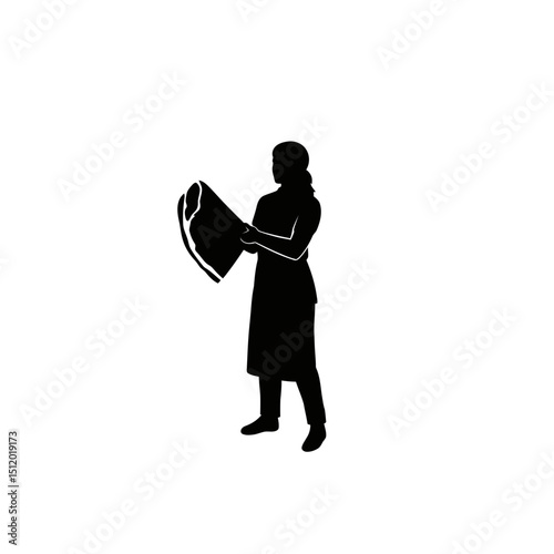 Strong Female Butcher Silhouette: Meat Handling, Apron, White Background