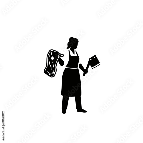 Female Butcher Silhouette: Lifting Meat Slab, Apron, Professional