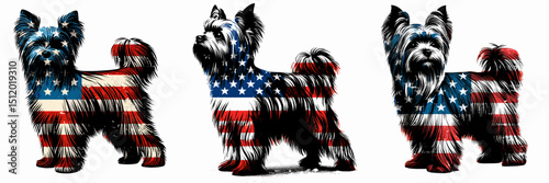 Yorkshire Terrier Dog. 4th of July Independence Day American Flag Patriotism Usa America Clipart Vector Illustration. Tiny yorkie canine breed family companion animal small pet care guide.