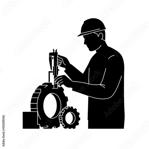 Male Engineer Silhouette: Calipers, Measuring Mechanical Part