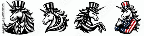 Unicorn. 4th of July Independence Day American Flag Patriotism Usa America Clipart Vector Illustration. Mythical equine beast a rare dreamlike creature pure fantasy and magic.