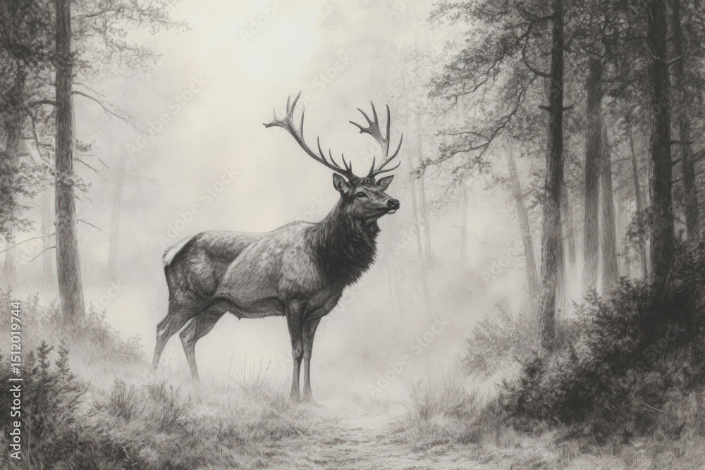 Fototapeta premium Majestic elk in a misty forest. Detailed monochrome illustration of a stag standing on a forest path, surrounded by trees, in a light-filled haze