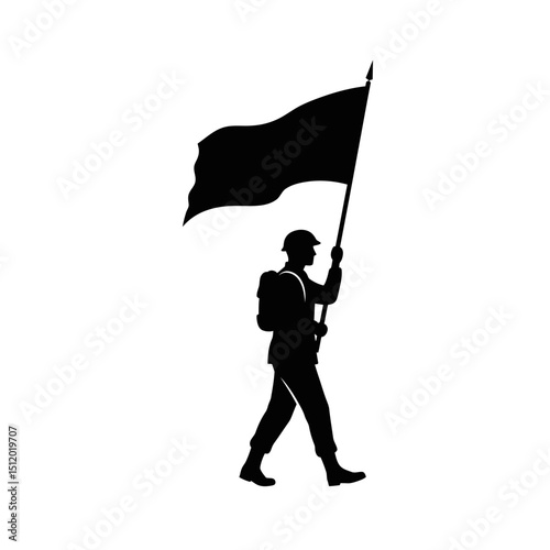Patriotic Soldier Silhouette: Flag Bearer, Military March on White