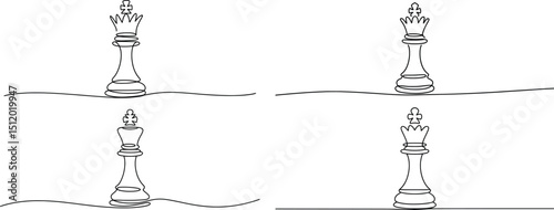 Chess King and Queen Line Art Set, Minimalist Black & White Outline Illustrations.