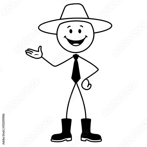 Stick figure farmer gesturing with hand in black and white