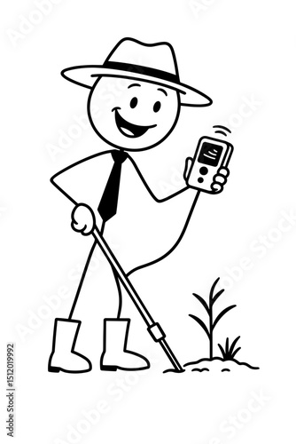 Stick figure farmer using soil tester in black and white