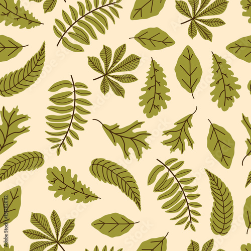 Seamless pattern of autumn leaves in green colors. Vector green monochrome illustration. Maple, oak and rowan leaf,  background for fabric, wallpaper or gift wrapping print.