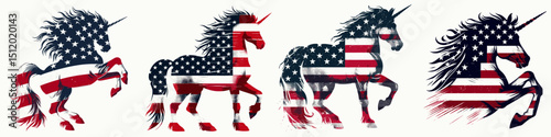 Unicorn. 4th of July Independence Day American Flag Patriotism Usa America Clipart Vector Illustration. Mythical equine creature a symbol enchantment fantasy and rare magic.