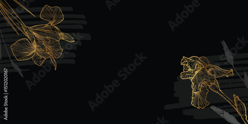 Luxurious floral background with frame of iris flowers and leaves. Hand drawn vector golden irises. Design for print, card, banner, invitation, advertising and packaging