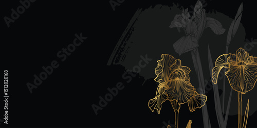 Abstract floral background with golden iris flowers and leaves. Hand drawn line art iris with sketch frame, border. Vector design of card, banner, invitation, advertising and packaging