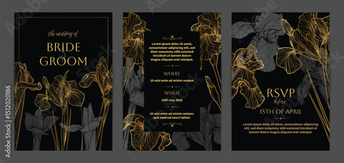 Vector wedding invitation templates. Luxurious card design with hand drawn iris flower. Golden and black illustration for wedding, cover, wallpaper, banner.