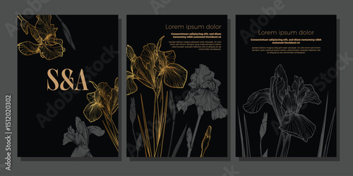 Luxurious three high resolution vector iris flower wedding templates in detailed golden and black line art. Perfect for botanical prints, wall decor, stationery, spring inspired digital designs.