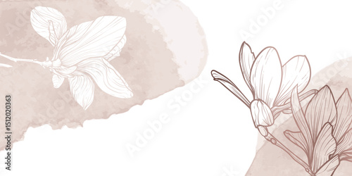 Abstract floral background with rose gold line art of flowers and leaves. Hand drawn beige magnolia watercolor frame, border. Vector design of card, banner, invitation, advertising and packaging