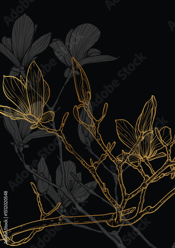 A4 magnolia gold line art vector hand drawn illustration. Luxurious art print with black and golden magnolia spring flowers. Highly detailed and high quality graphic asset for online and print.