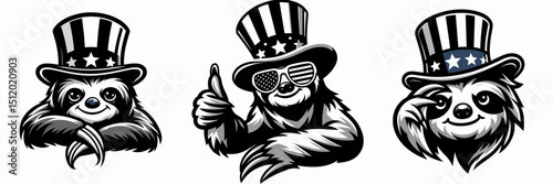 Sloth. 4th of July Independence Day American Flag Patriotism Usa America Clipart Vector Illustration. Slow mammal a calming quiet beast ponderous deliberate creature the jungle.