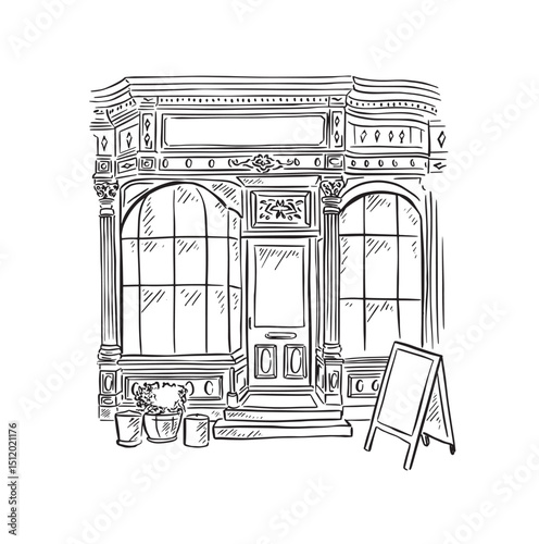 Shop front drawing in black and white with an A board out the front.