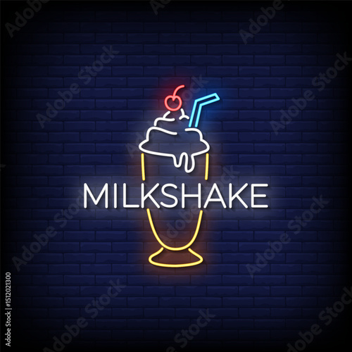 milkshake neon sign with brick wall background vector