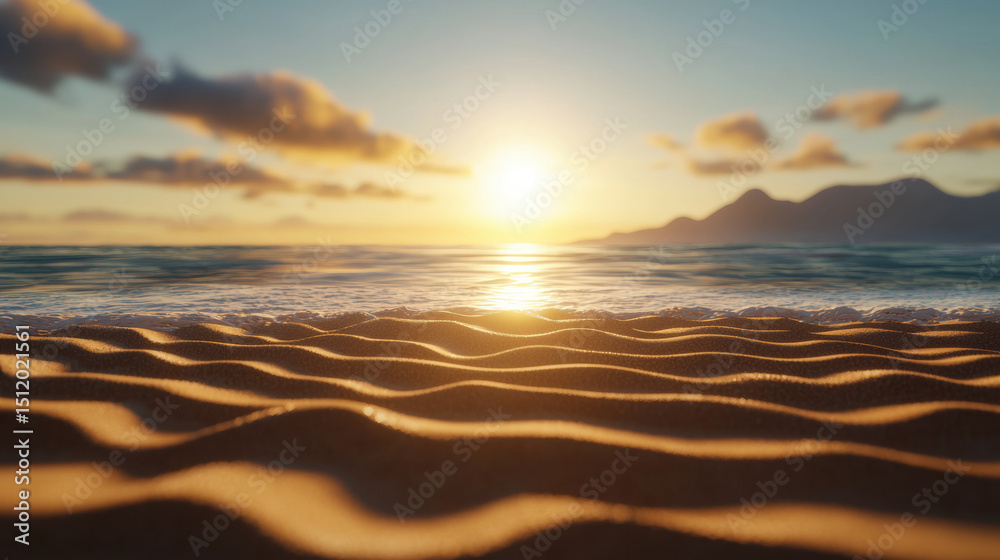 Obraz premium golden sunset illuminates gentle sand ripples on a peaceful beach, with waves and distant mountains under a cloudy sky.