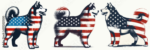Siberian Husky Dog. 4th of July Independence Day American Flag Patriotism Usa America Clipart Vector Illustration. Arctic sled canine pedigree companion nordic breed with loyal nature.