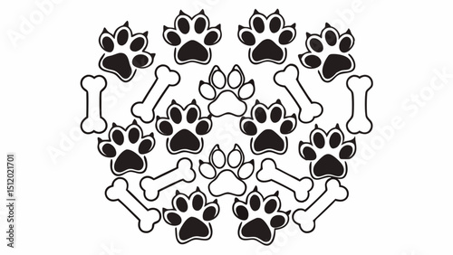 German Shepard dog paw print bone silhouette group collection shape shadow outline.

