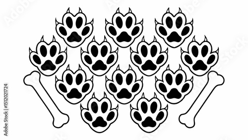 German Shepard dog paw print bone silhouette group collection shape shadow outline.

