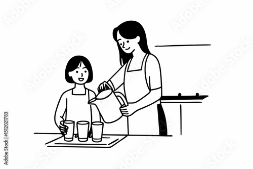 Mature woman pours clean water for herself and daughter into glasses