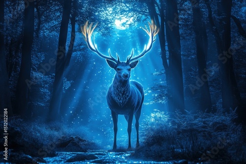 Majestic deer in a mystical forest at night photo