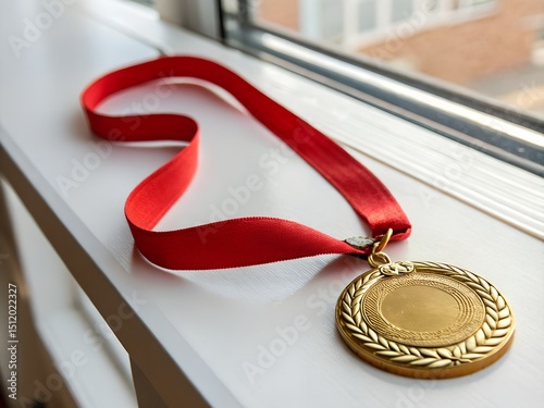 Gold medal hanging on a red ribbon