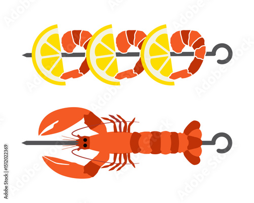 Concept Grill barbecue sea kebab lobster and shrimps