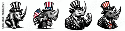 Rhino. 4th of July Independence Day American Flag Patriotism Usa America Clipart Vector Illustration. Colossal pachyderm explore robust conservation protection wild behemoth.