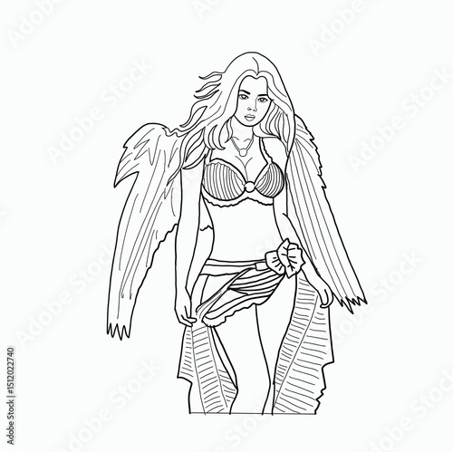 black and white line. sexy woman with wings. wearing bikini. Cartoon Style Illustration