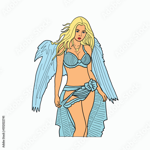 sexy woman with wings. wearing bikini. Cartoon Style Illustration
