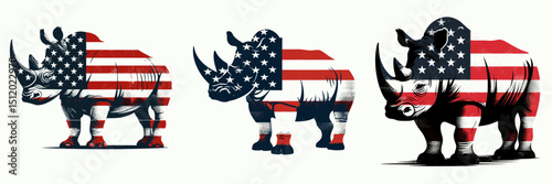 Rhino. 4th of July Independence Day American Flag Patriotism Usa America Clipart Vector Illustration. Imposing horned pachyderm wildlife conservation poaching danger african fauna.