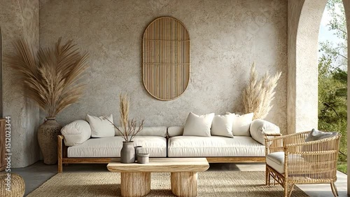 Rustic patio lounge area with natural elements