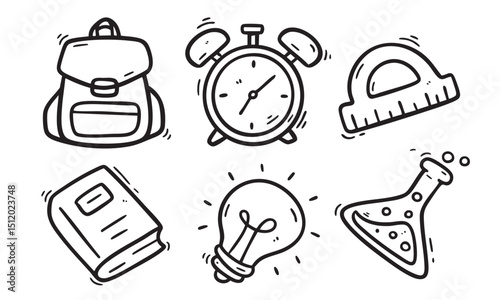 Set of 6 hand-drawn black line doodle icons including backpack, alarm clock, protractor, book, light bulb, and lab flask. Ideal for school, education, and creative learning design projects.