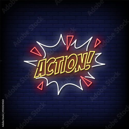 action neon sign with brick wall background vector