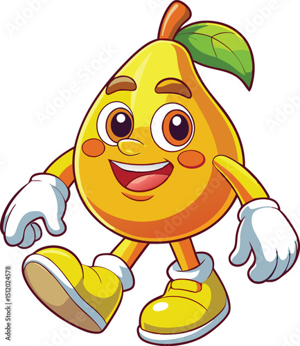 Retro Cartoon Pear Character Vector – Vintage Style, Walking Pose, Happy Expression, Flat Colors