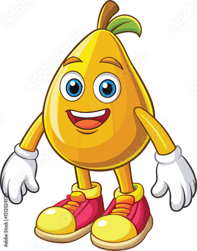 Retro Cartoon Pear Character Vector – Vintage Style, Walking Pose, Happy Expression, Flat Colors
