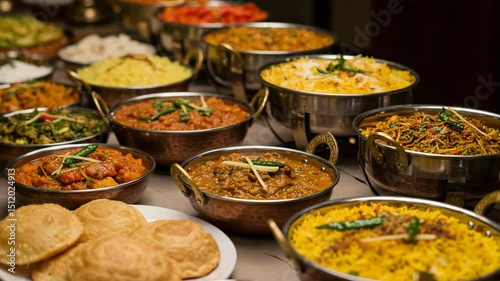 Wallpaper Mural Traditional Indian Pakistani food buffet featuring diverse curries, rice & breads in metal bowls. Perfect for cultural dining, festive feasts & ethnic cuisine events. Torontodigital.ca