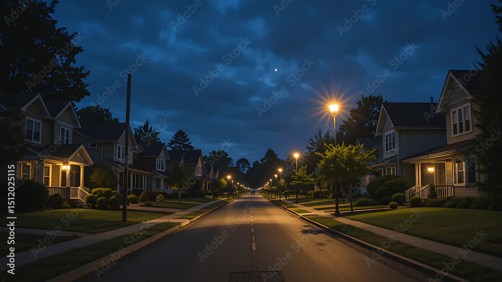 Fototapeta premium Night neighborhood street lights houses residential homes dark evening dusk twilight scene view road 100