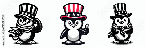 Penguin. 4th of July Independence Day American Flag Patriotism Usa America Clipart Vector Illustration. Flightless seabird antarctic creature polar fauna avian life icy habitat nature.