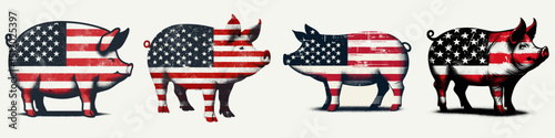 Pig. 4th of July Independence Day American Flag Patriotism Usa America Clipart Vector Illustration. Swine breeding husbandry farm animal raising domestic livestock agriculture concept.