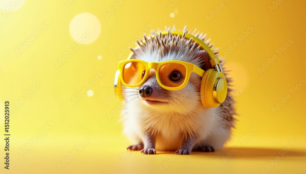 Fototapeta premium Funny hedgehog wearing glasses and headphones on yellow background. Concept of music and animals.