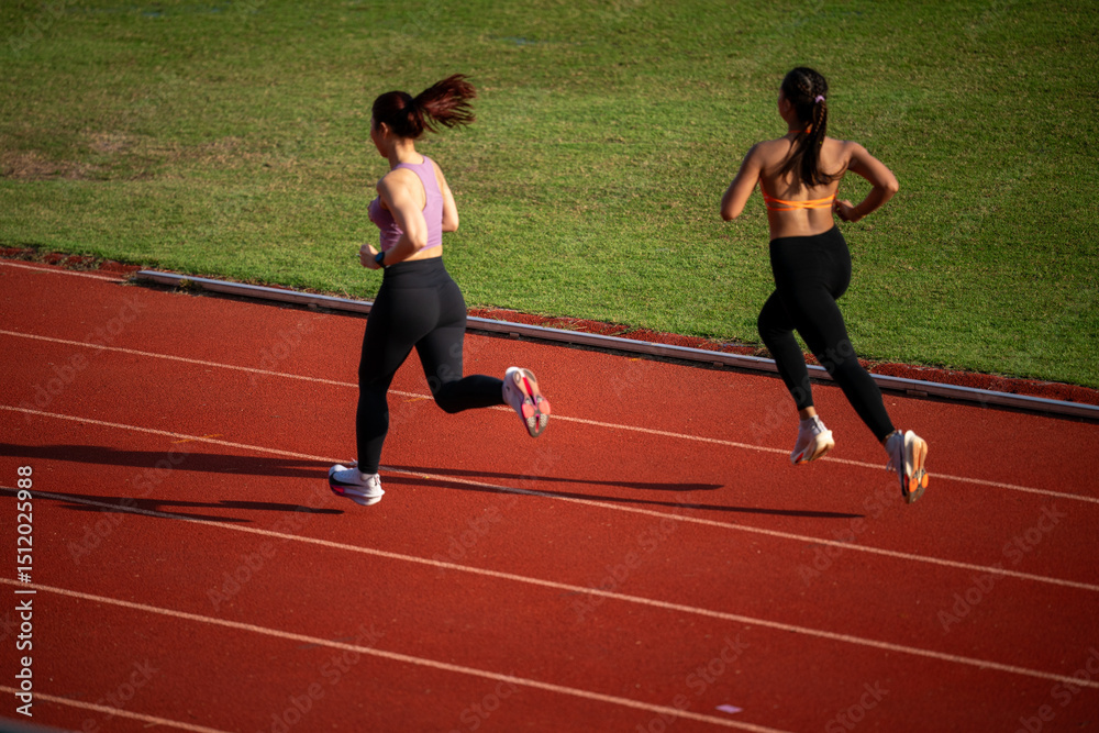 Obraz premium Two women running on a track. One is wearing a pink shirt. The other is wearing a black shirt